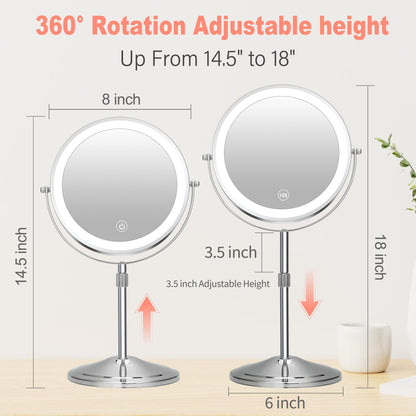 Lighted Makeup Mirror with Magnification, 10X 8’’Rechargeable Double Sided Vanity Mirror with Lights Magnifying Makeup Mirror with 3 Color Light with 360° Rotation, Detachable Base