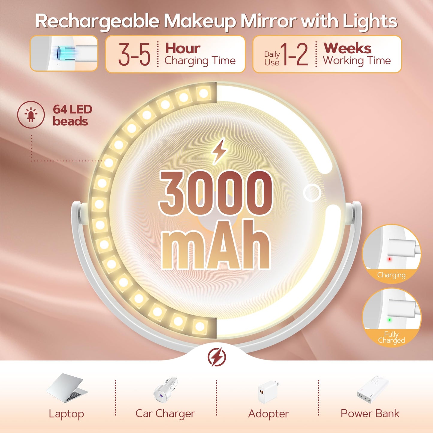 B Beauty Planet Makeup Mirror with Lights, Lighted Magnifying Mirror 30X with 3 Lighting and Adjustable Brightness, 2-Sided Height Adjustable Vanity Mirror for Bathroom, Gifts for Women White